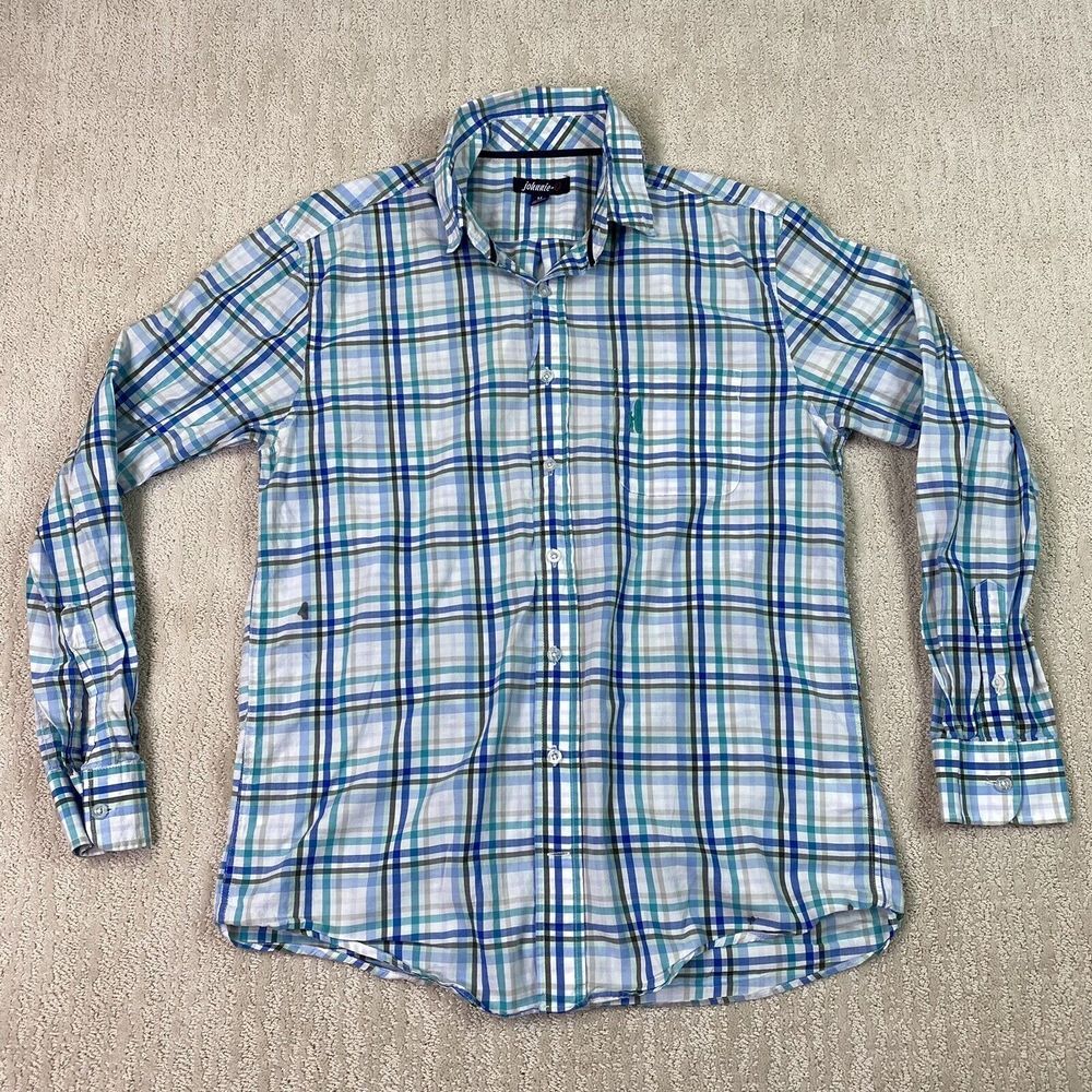 Johnnie-o button down shirt mens medium blue white check long sleeve*